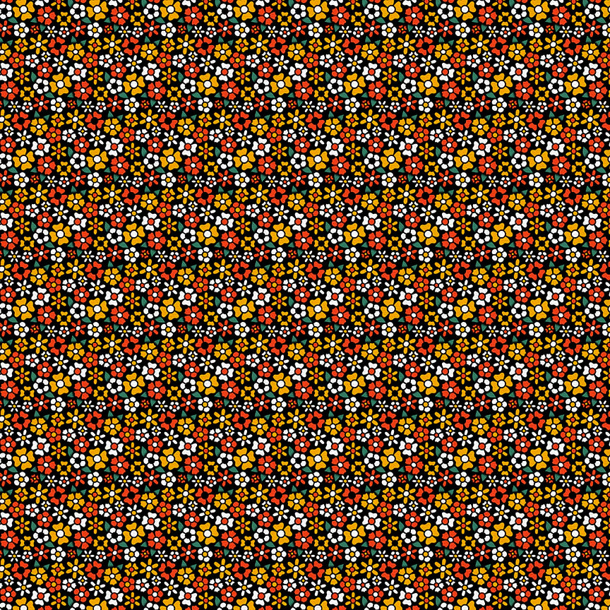 Small floral pattern with red, yellow, and white flowers on a black background