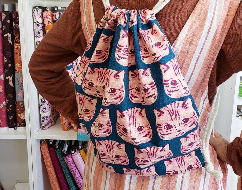 A drawstring bag made at QuiltnThings Studio