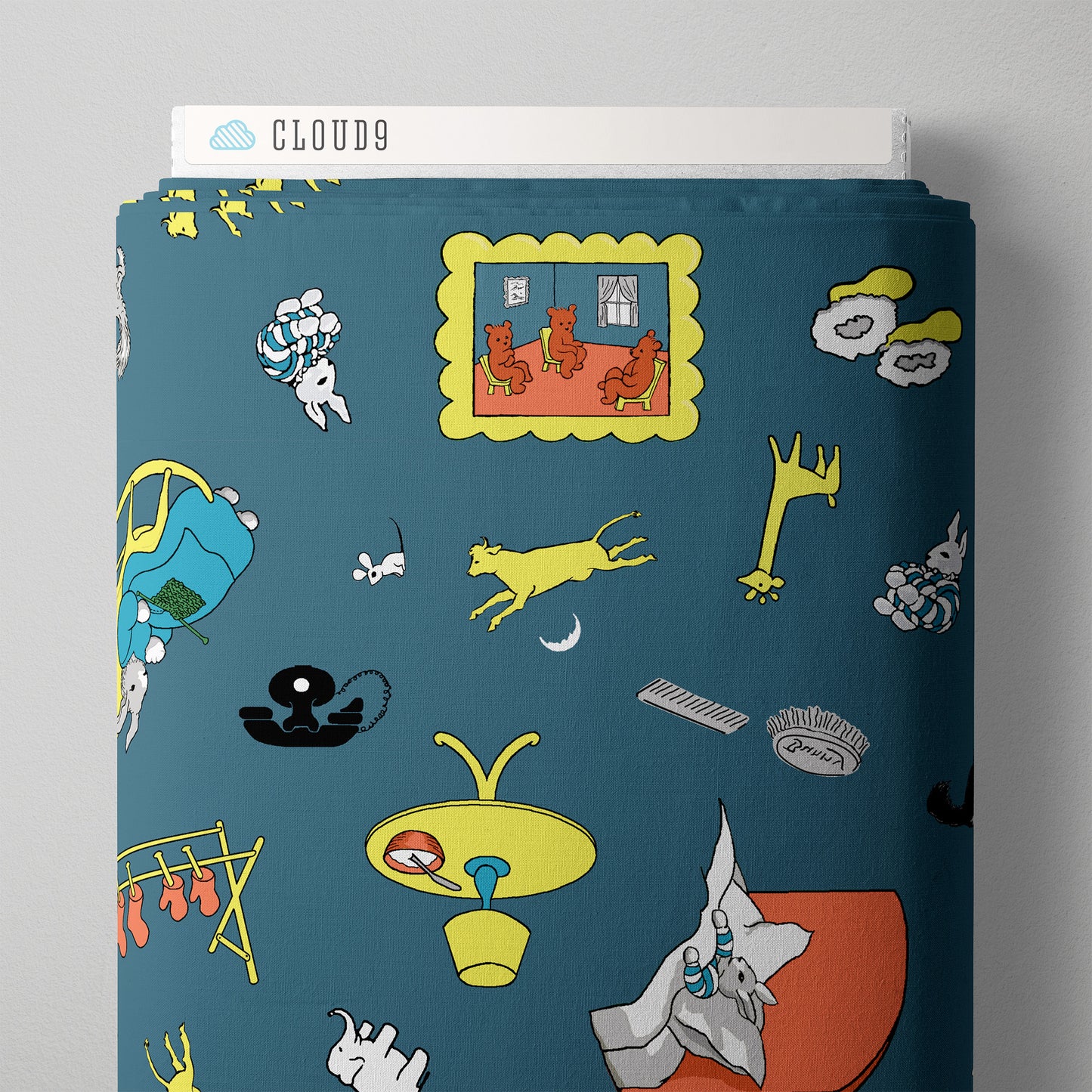 Children's fabric with cartoon characters on a blue background