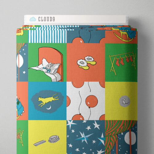 Bolt of fabric featuring a colorful grid of illustrations from the book Goodnight Moon, with various illustrations.