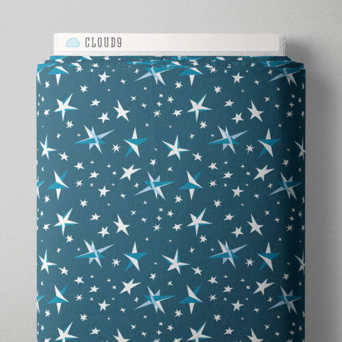 Blue fabric with star pattern and 'Cloud9' branding on a gray background