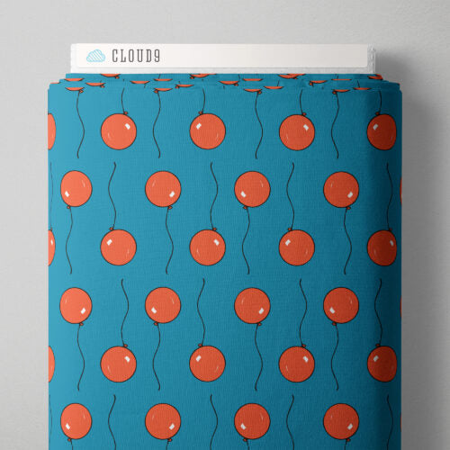 Blue fabric with red balloon pattern and 'Cloud9' branding on a gray background