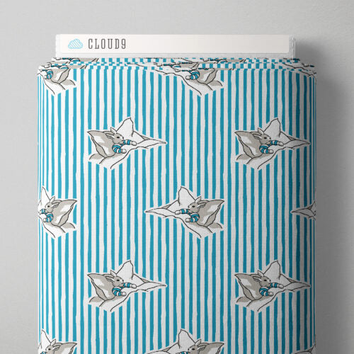 Fabric with bunny pattern on blue and white stripes, branded 'Cloud9'.