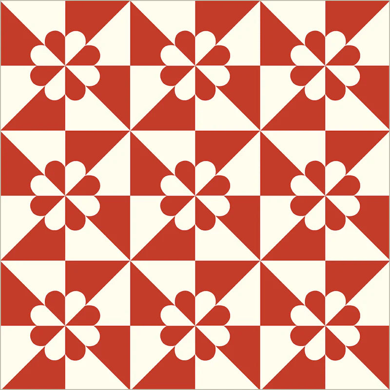 Red and white geometric pattern with floral shapes on a white background