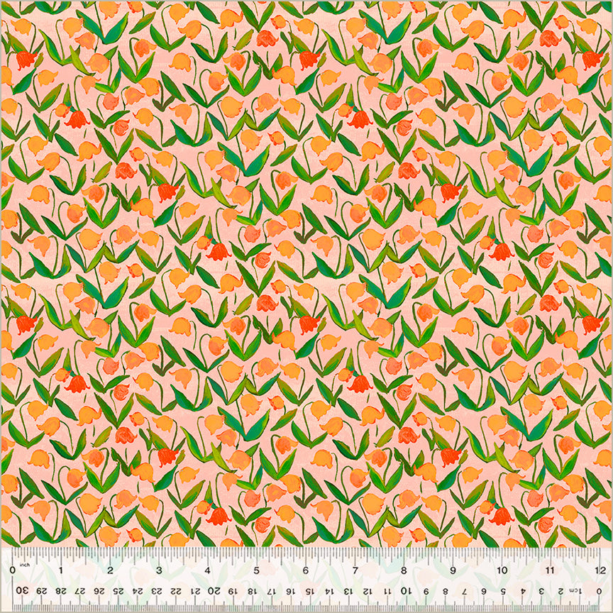 flowers that look like tulips, light orangey colors, with green stems, over light pink / salmon background