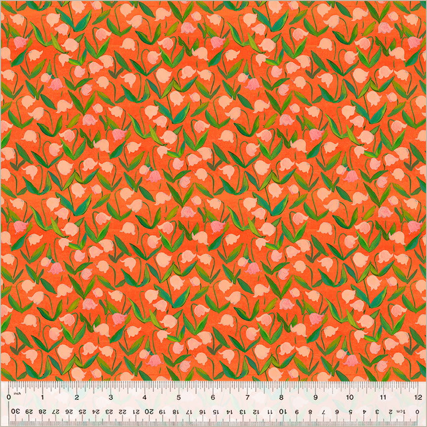 flowers that look like tulips, pink and light pink colors, with green stems, over coral/orange background