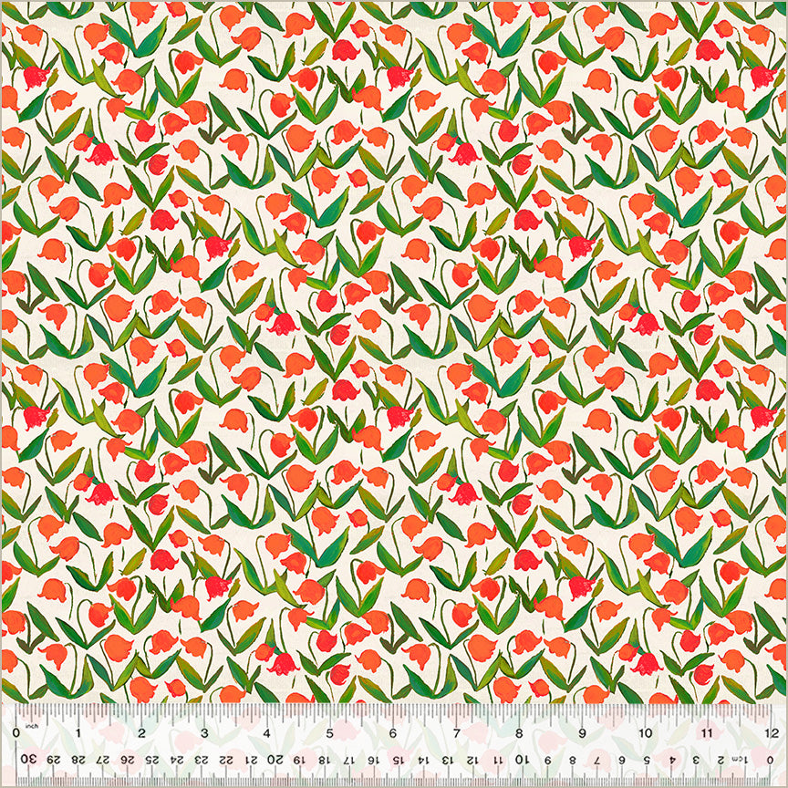 flowers that look like tulips, orange and red colors, with green stems, over white/cotton background