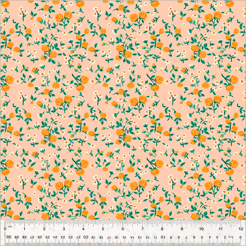 small florals, white and orangey flowers with green stems over blush background