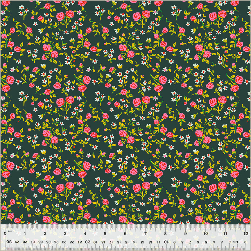 small florals, white and pink flowers with green-yellow stems. Over an dark green/gray background
