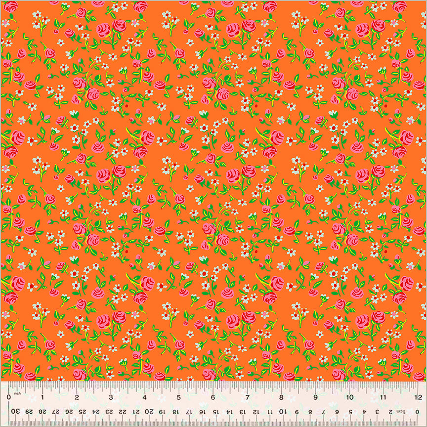 small florals, white and pink flowers with green stems. Over an orange background