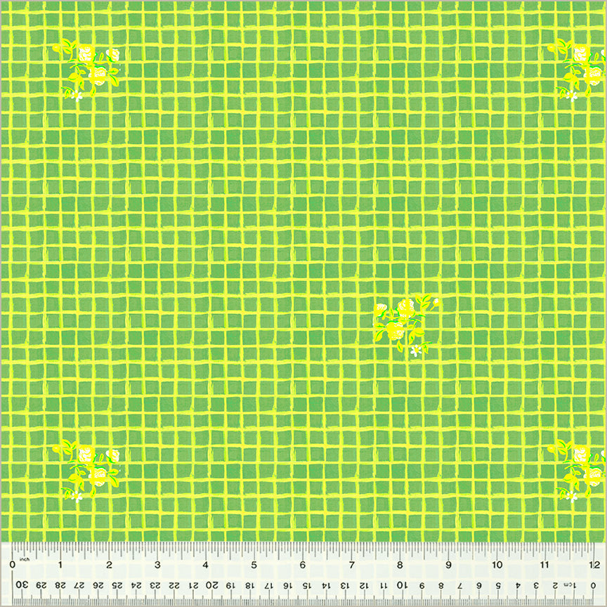 green background with horizontal and vertical lines running in parallel through all sides that make tiny squares. small yellow flowers are in the corners.