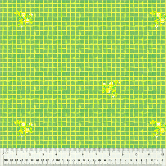 green background with horizontal and vertical lines running in parallel through all sides that make tiny squares. small yellow flowers are in the corners.