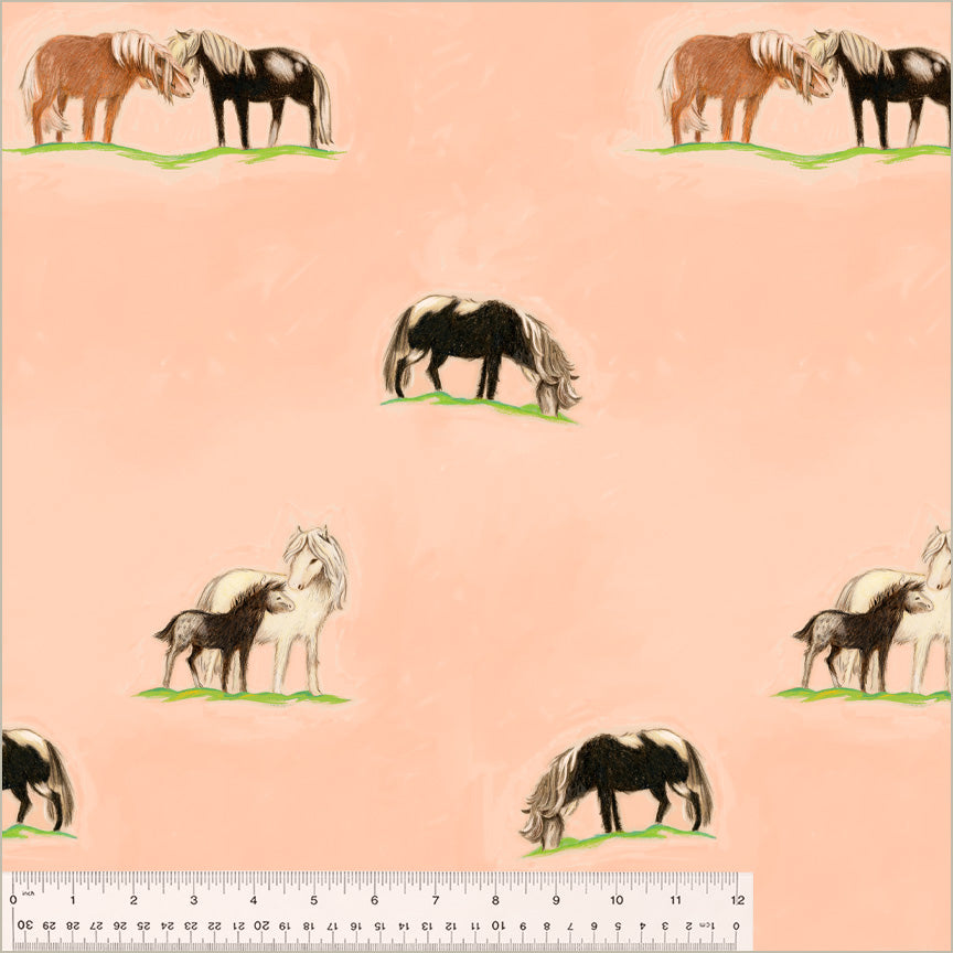 Ponies standing on tiny patches of green grass on a Peach Cotton background