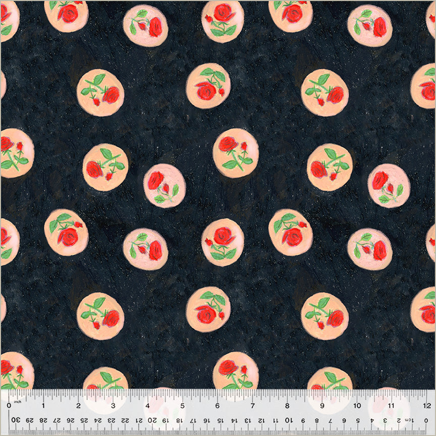 black-ish fabric with peach circles with cute roses inside. roses are red with green stems