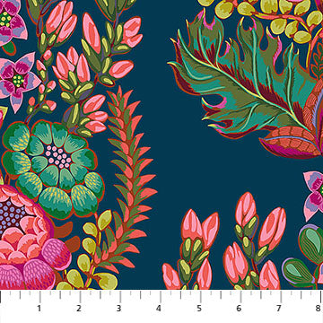 Colorful floral and leaf pattern on a dark blue background with a fabric swatch at the bottom.
