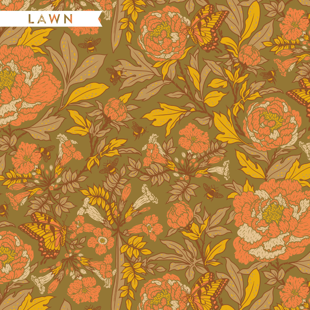 peonies, butterflies, bees on moss green