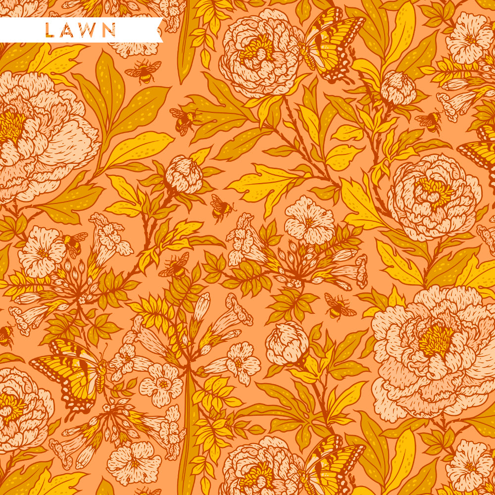 peonies, butterflies, bees in green, peach, yellow