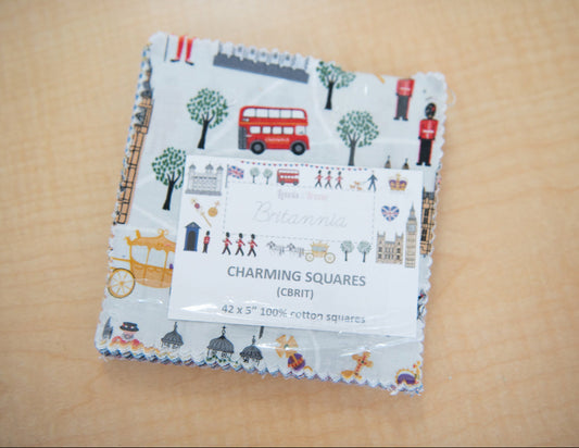 Pack of fabric squares with a London-themed design on a wooden surface