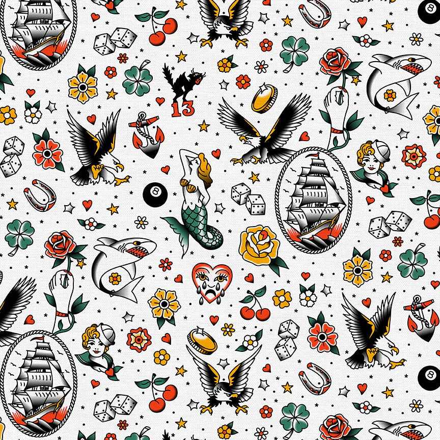 Vintage-style tattoo design pattern with eagles, roses, ships, and other elements on a white background.