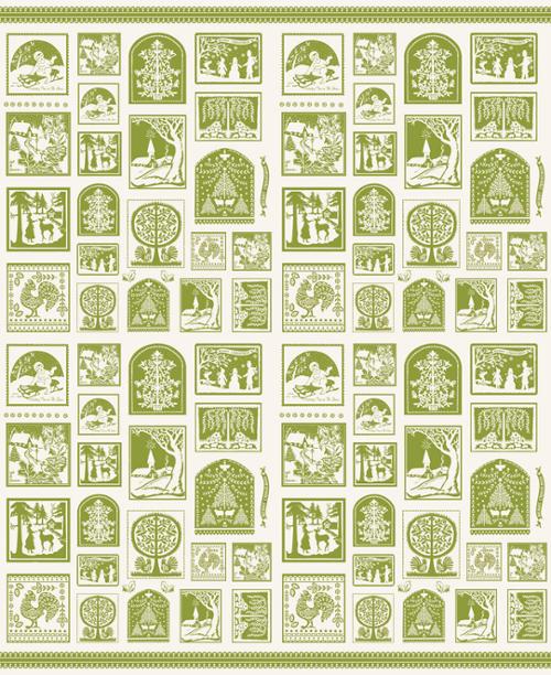 Pattern of green and white Christmas themed  icons arranged in a grid on a light green background