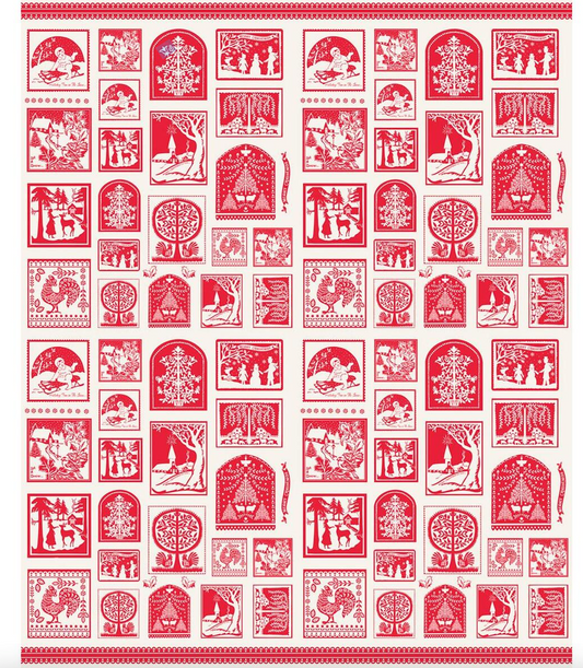 Pattern of red and white decorative Christmas themed designs on a white background