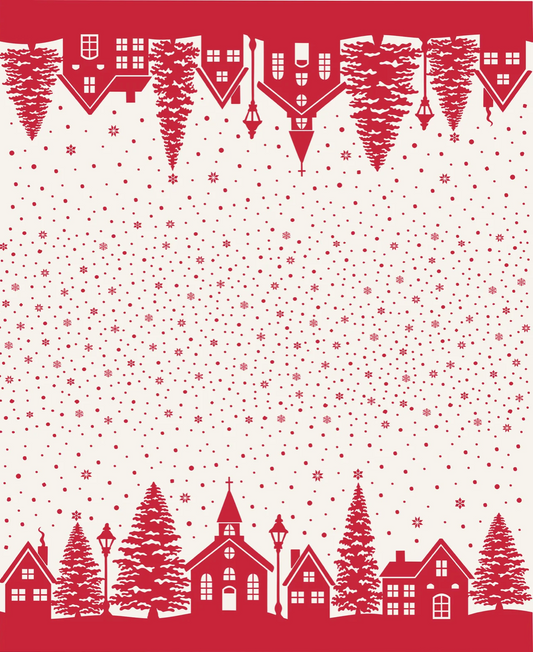 Red and white Christmas-themed pattern with houses and trees on a red background