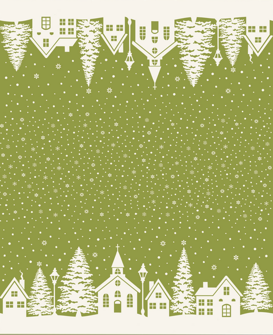 White silhouette of a town against a green sky filled with snowflakes