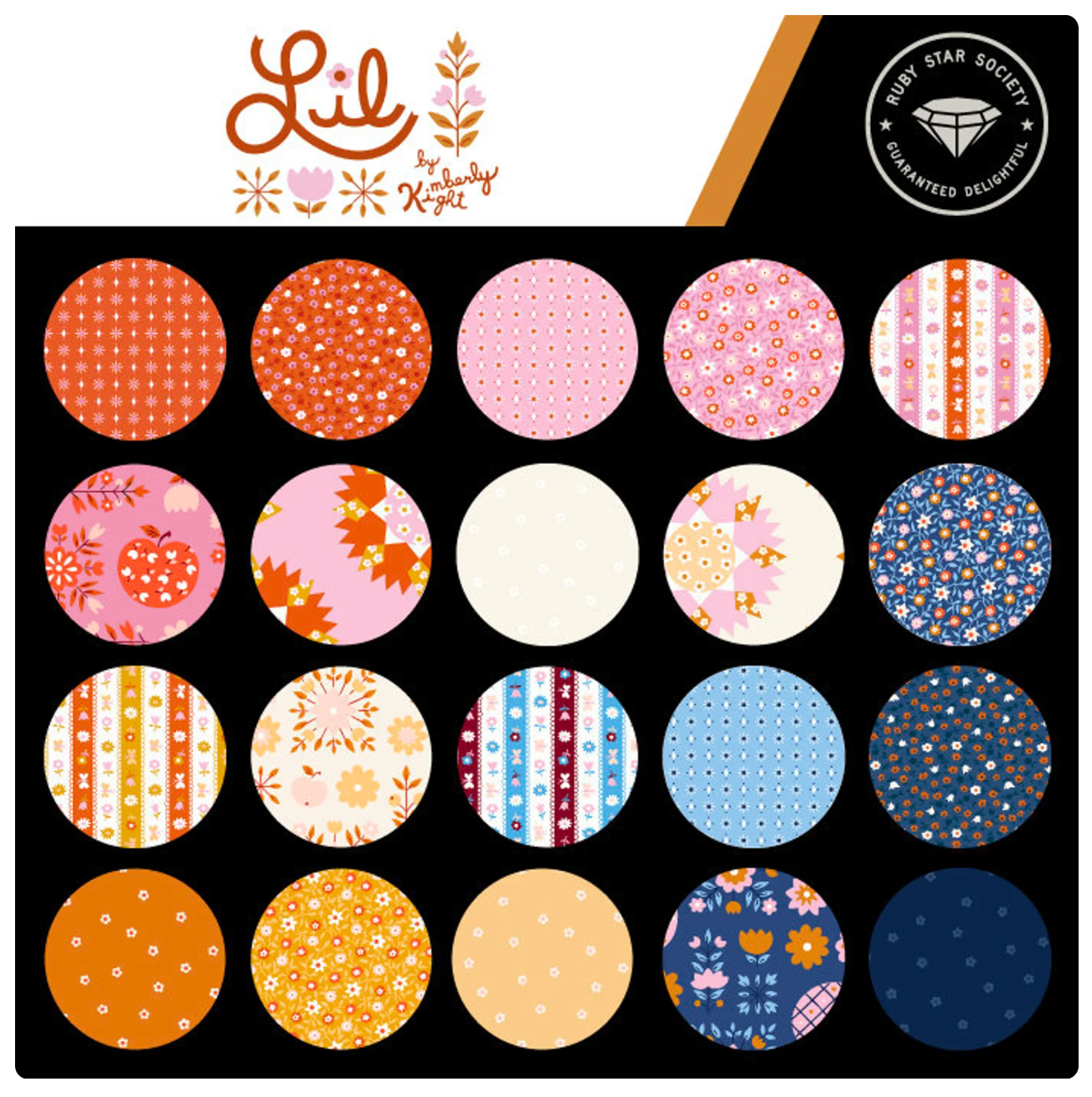 Collection of patterned circles with 'Lil' brand logo at the top.