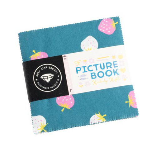 Packaged picture book with a blue cover featuring illustrations on a white background