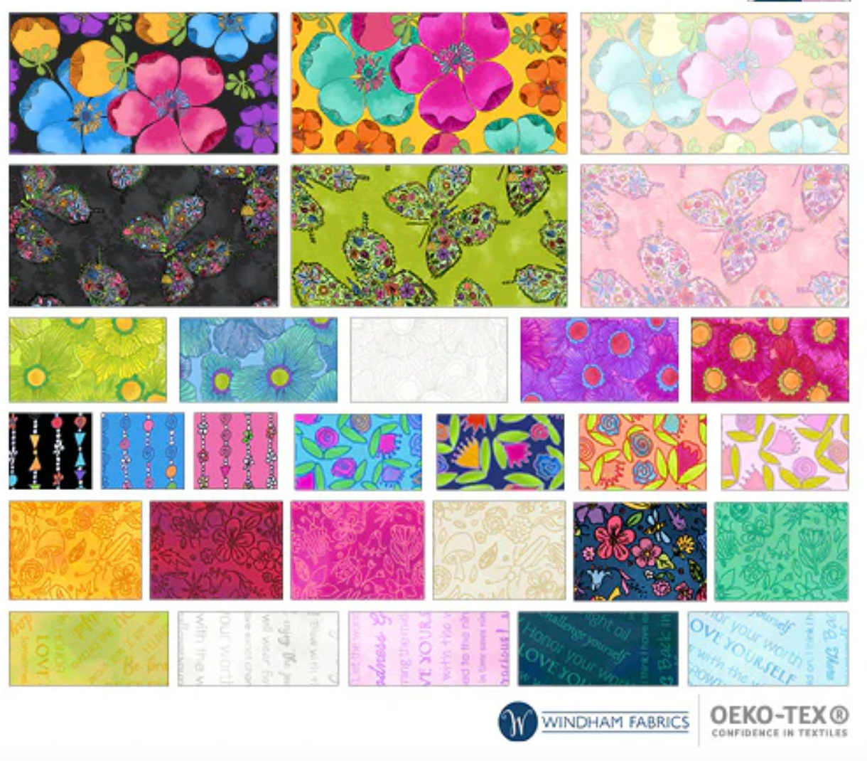 Collection of colorful fabric swatches with various patterns, featuring the Oeko-Tex logo.
