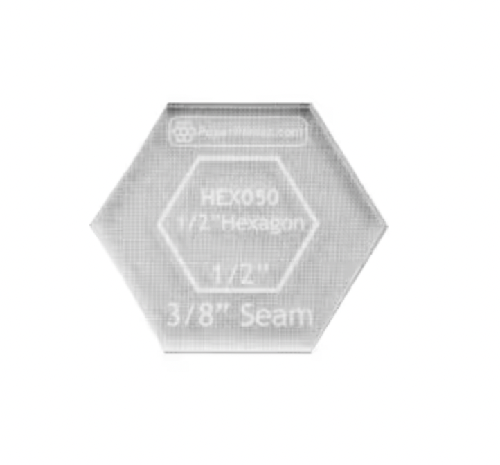 Hexagonal metal tool with engraved measurements on a white background