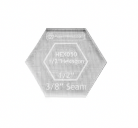 Hexagonal metal tool with engraved measurements on a white background
