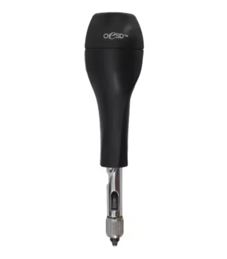 Black handheld device with a visible brand logo on a white background