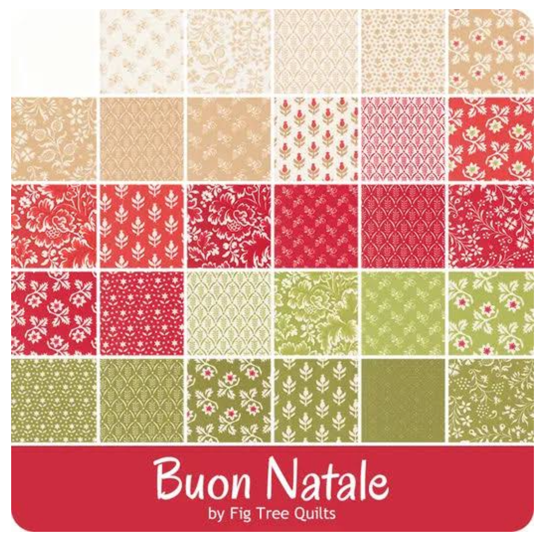 Collection of patterned fabric squares with 'Buon Natale' text and 'Fig Tree Quilts' branding.