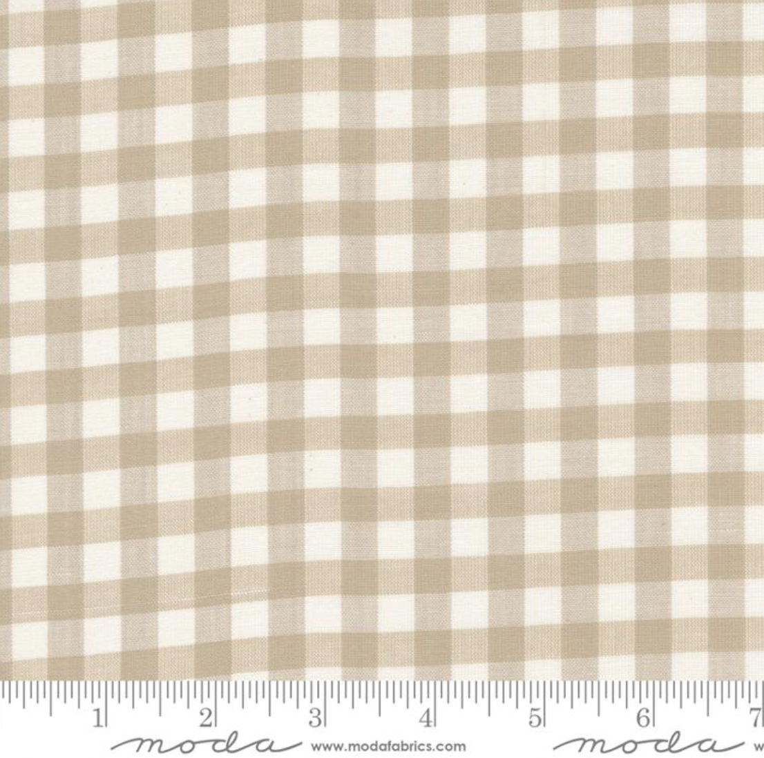 Beige, light brown and ivory checkered fabric with moda-brand ruler for scale