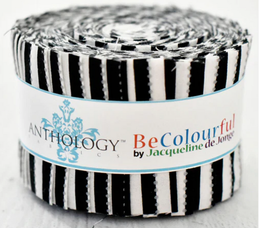 Roll of black and white striped fabric with 'Anthology' and 'Be Colourful by Jacqueline de Jongh' labels.