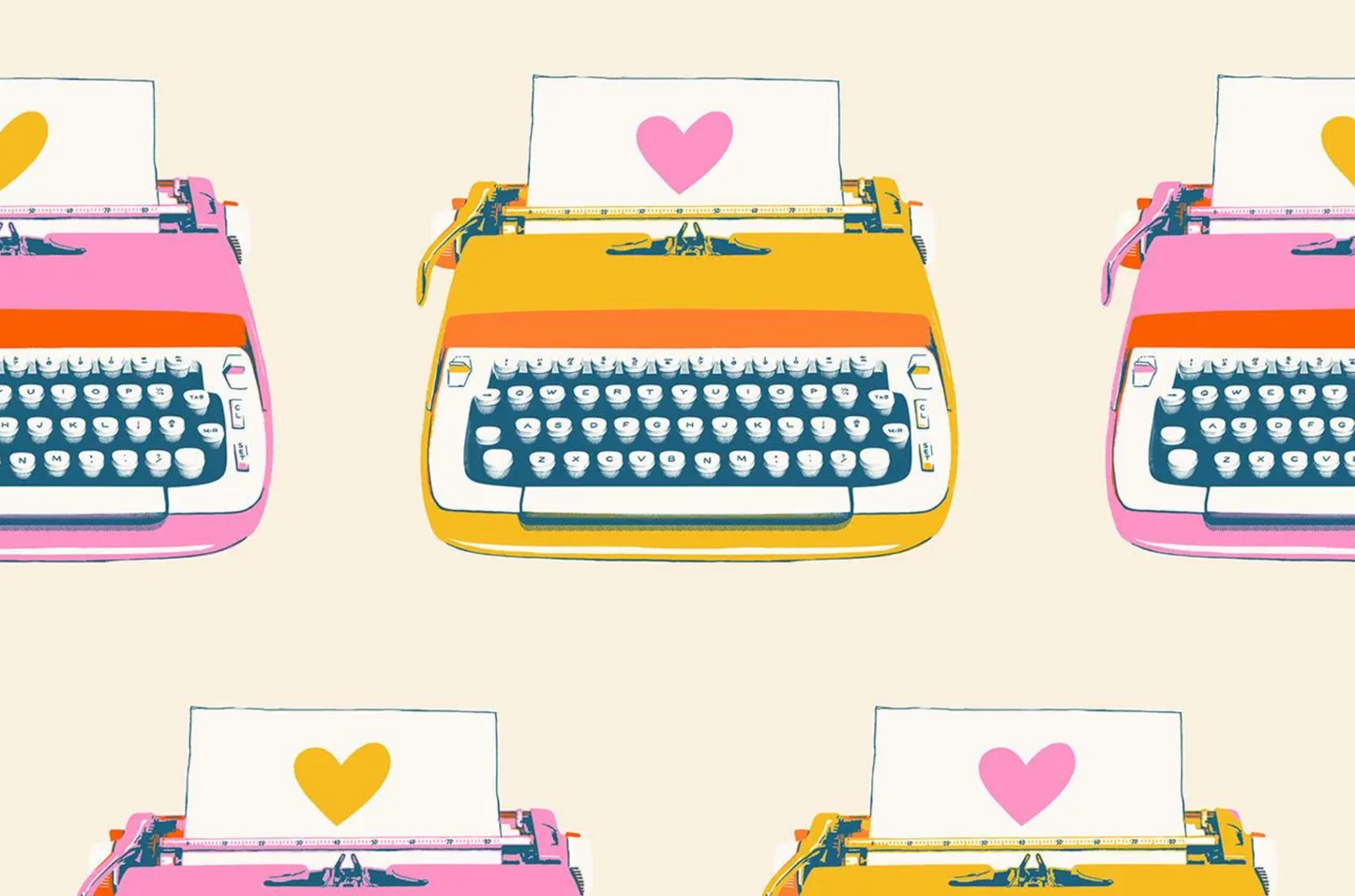 Colorful typewriters with heart symbols on a beige background