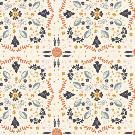 Decorative pattern with flowers, leaves, and birds on a beige background