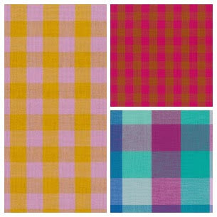 a collage of three different checkered patterns in yellow, pink, blue, and red.