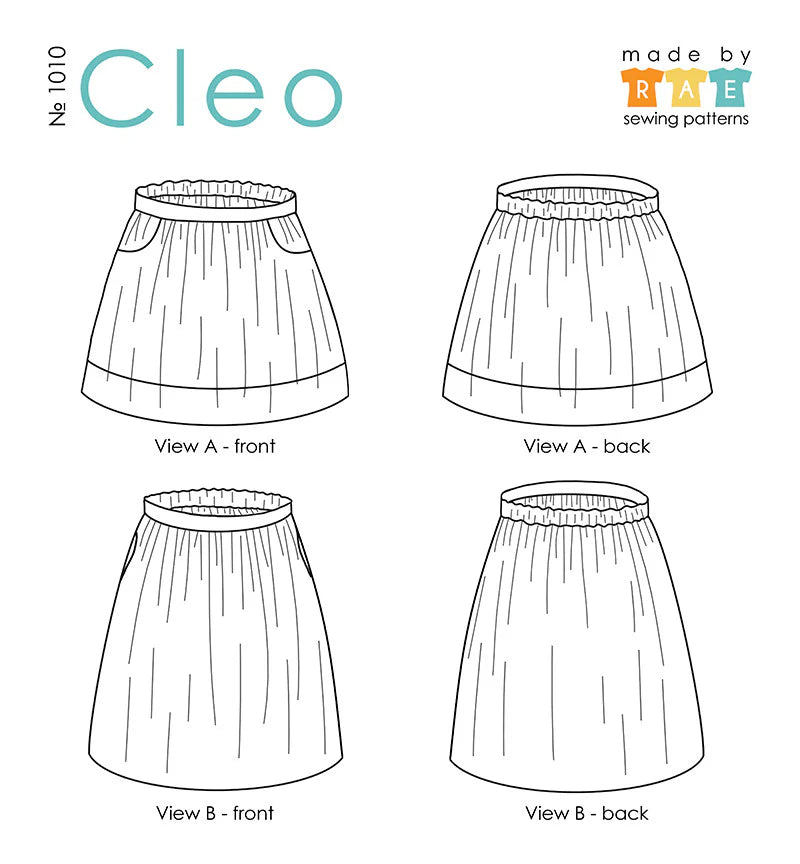 Skirt pattern diagram labeled 'Cleo' with 'Bate Sewing Patterns' branding.