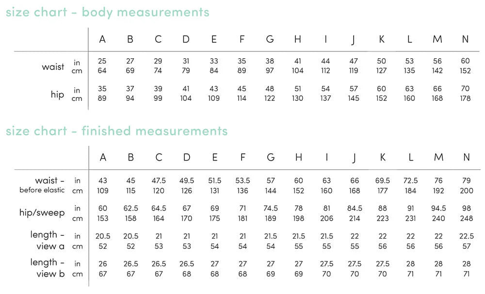 Size chart for waist and hip measurements with finished measurements on a white background