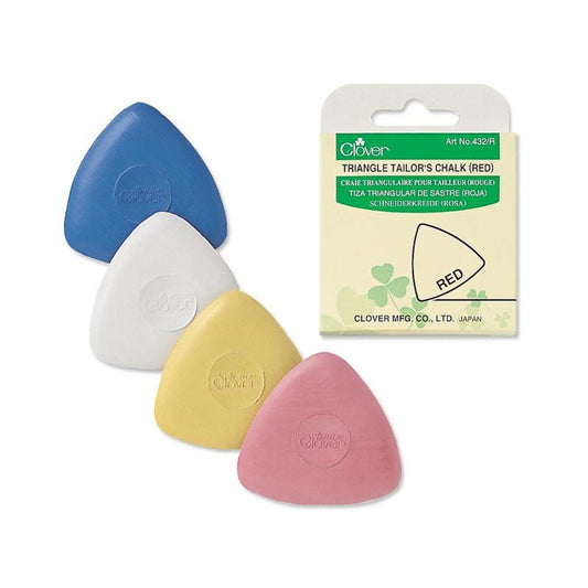 A set of Clover Triangle Tailor's Chalks in blue, white, yellow, and red, displayed alongside their packaging.