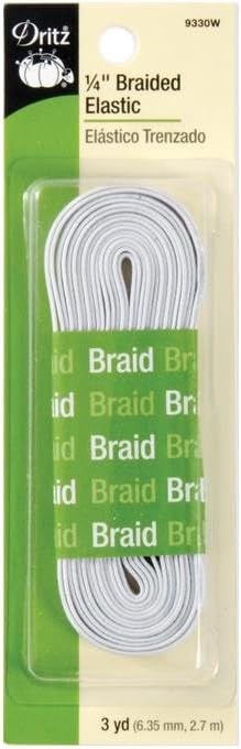 1/4" white braided elastic in plastic packaging