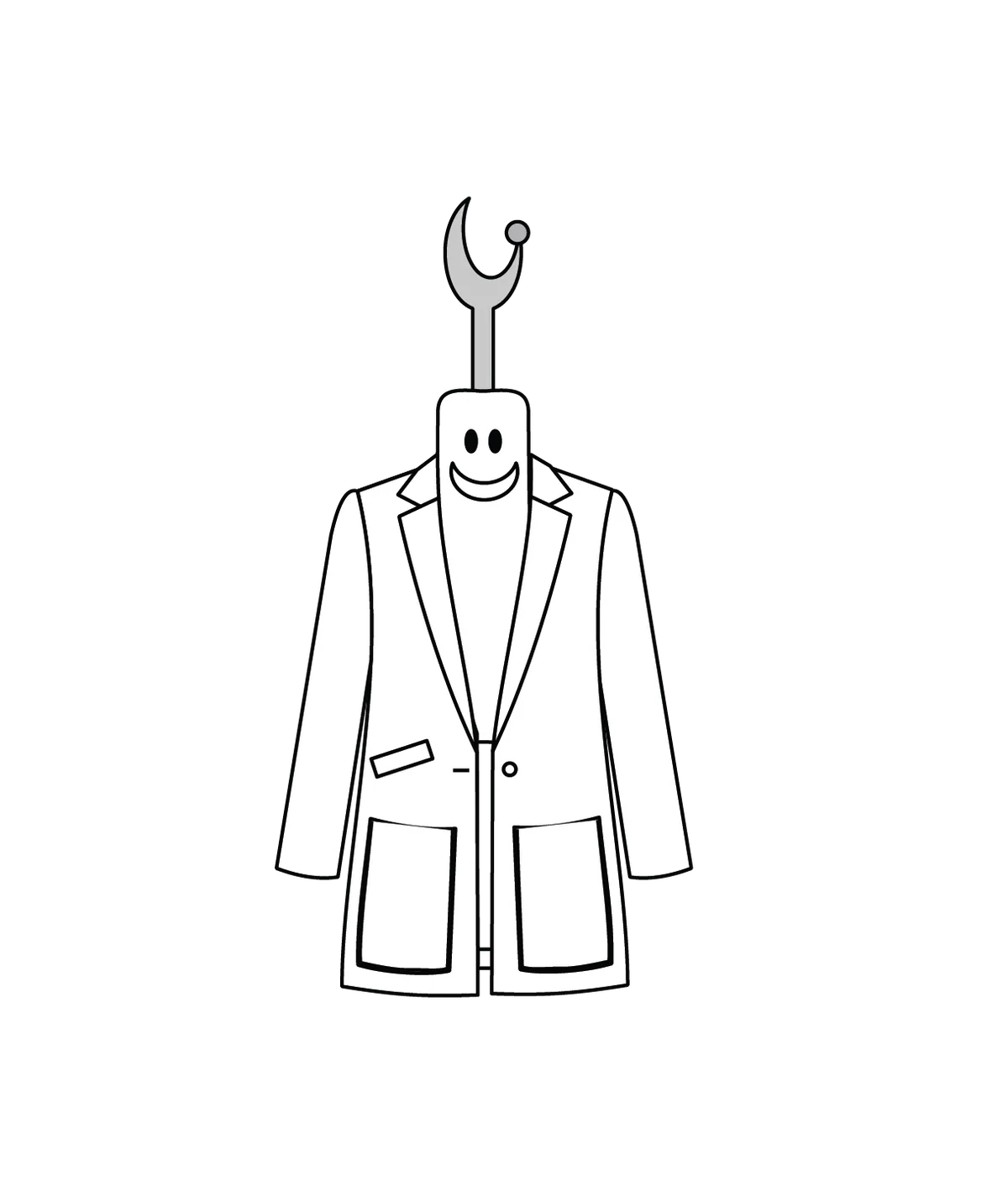 Illustration of a lab coat with a smiling face and wrench on a white background