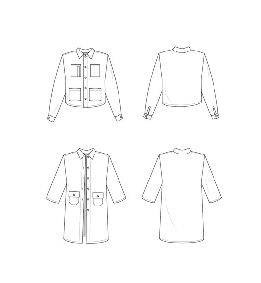 Technical drawing of a shirt from multiple angles on a white background