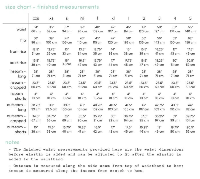 Size chart for finished measurements with waist, hip, and inseam dimensions.