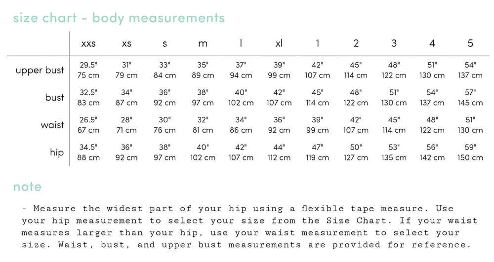 Size chart for body measurements with dimensions in centimeters and inches.