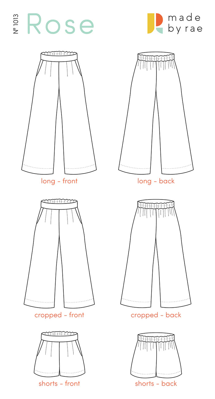 Pants pattern diagram with front, back, cropped, and shorts views labeled 'Rose' by 'made by rae'.