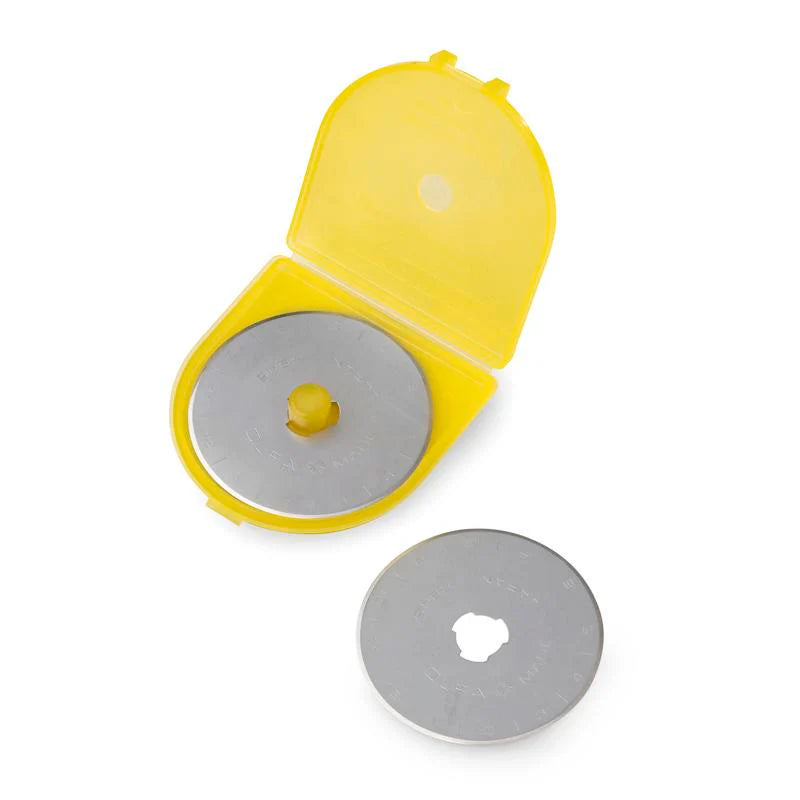 Yellow rotary cutter case with a silver blade on a white background
