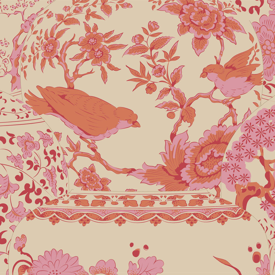 Birds on a branch in Pink and Orange with a Off White Background